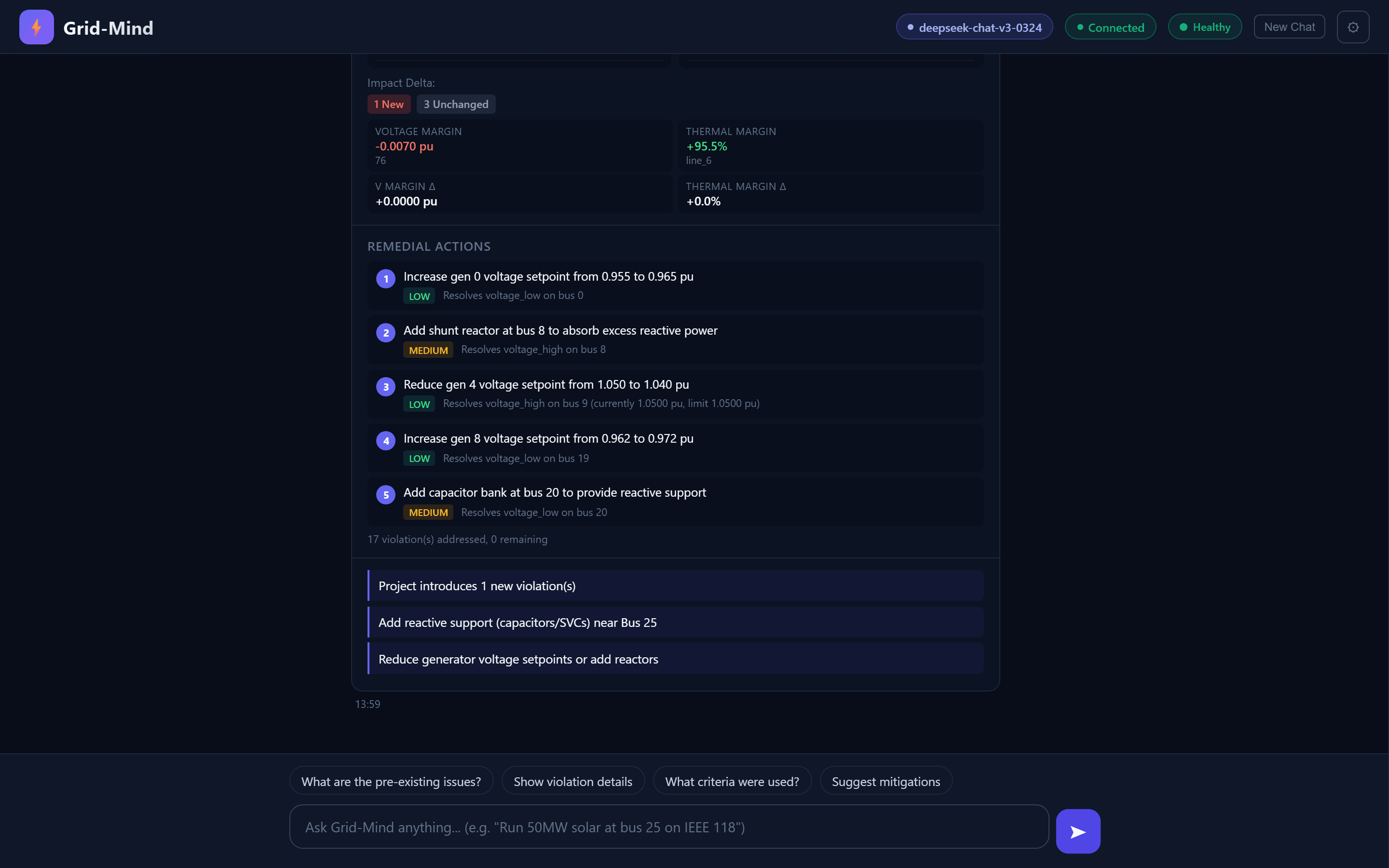 Grid-Mind dashboard showing a Connection Impact Assessment with voltage margins, remedial actions, and follow-up suggestions